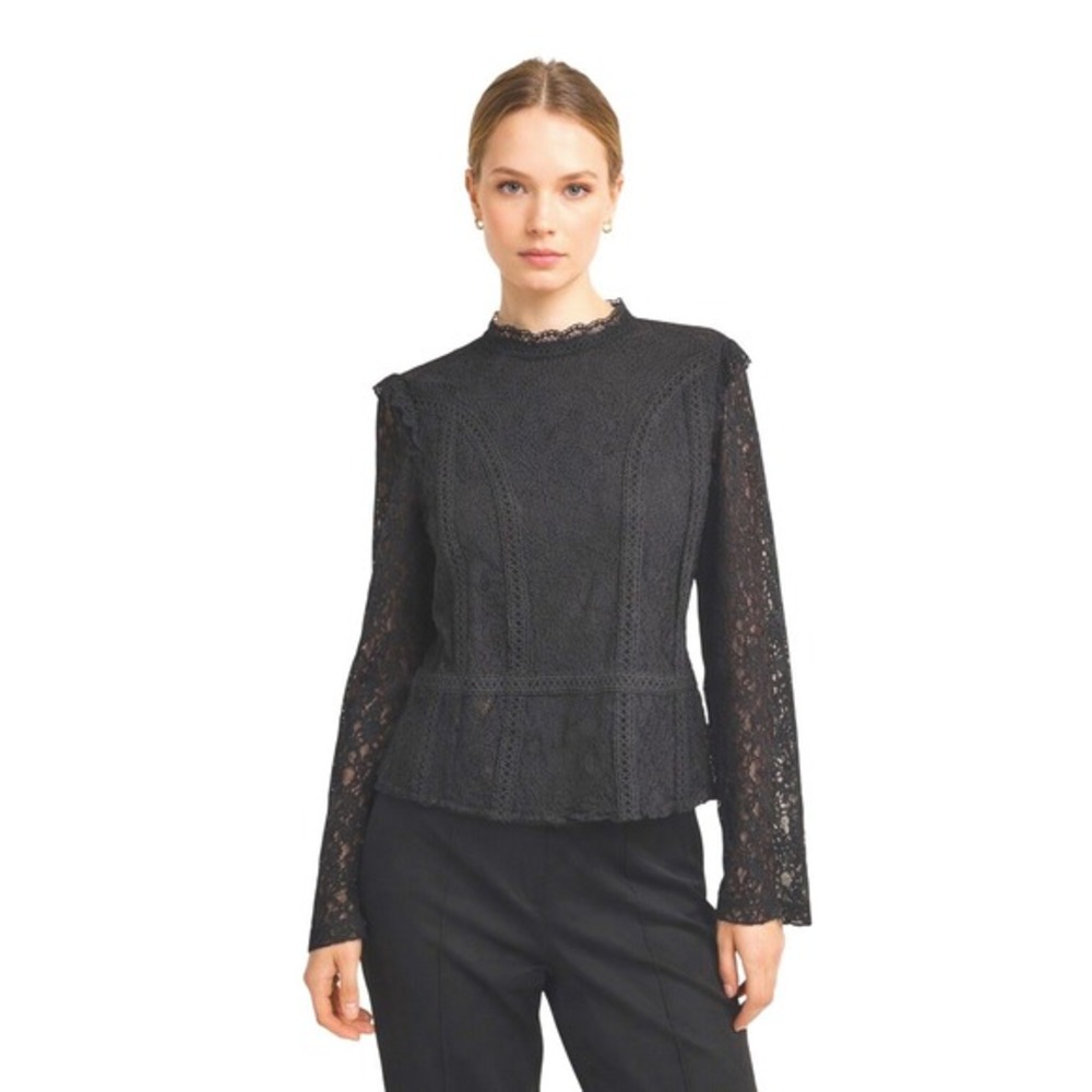 Zara Black Floral Lace Long Sleeve Mock Neck Blouse Top L Soft Femininity 79-69